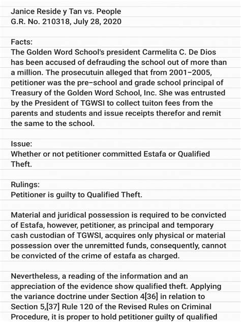 Case Digest: JANICE RESIDE Y TAN v. PEOPLE .
